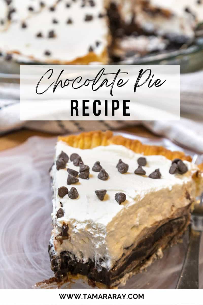 A slice of chocolate pie on a plate.
