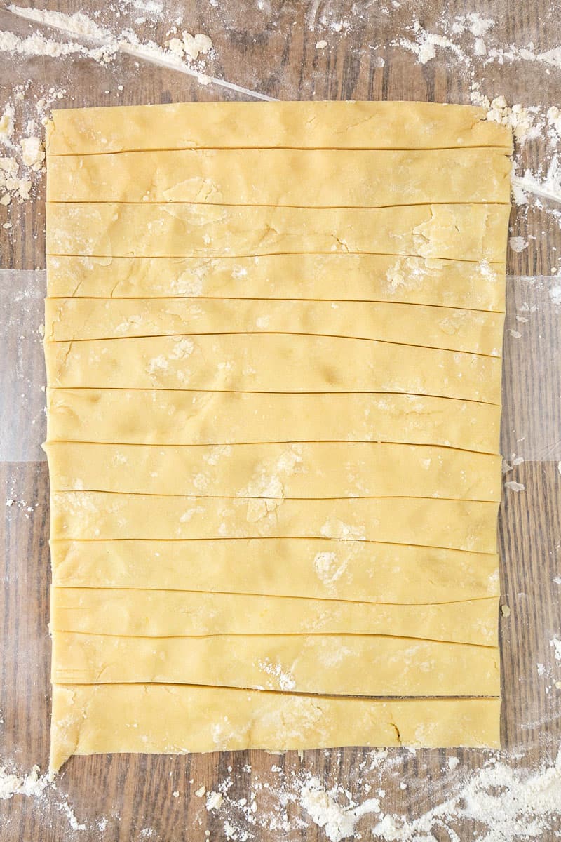 The dough is cut into 13 strips.