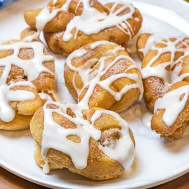 Close up of cinnamon sugar knots homemade recipe on a plate.