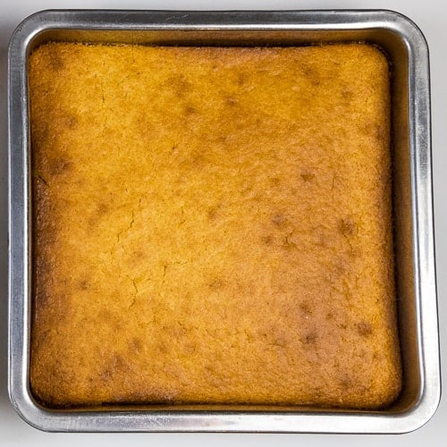 Baked cornbread in a pan.
