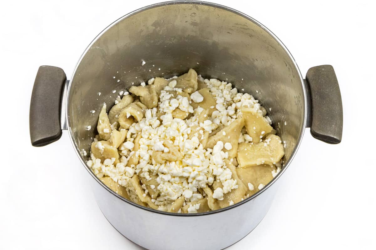 Cottage cheese pierogi in the pot.