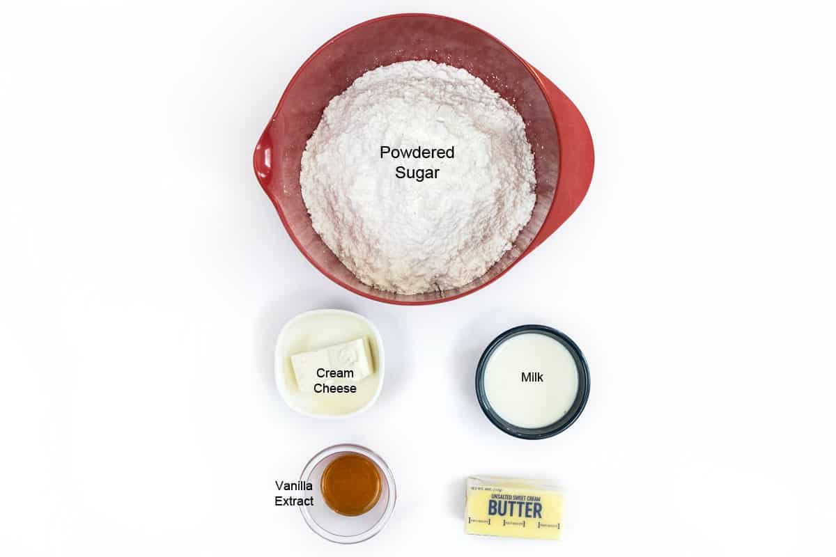 Ingredients for cream cheese buttercream frosting.