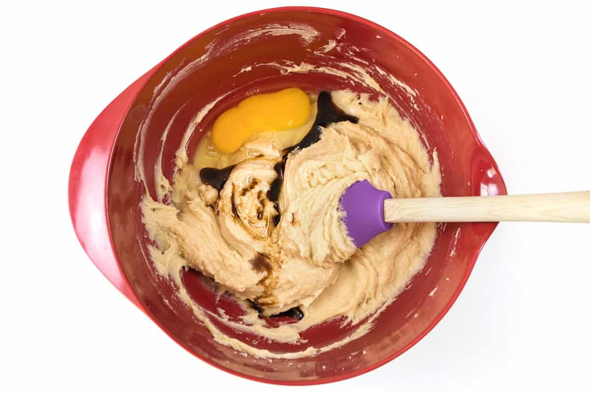 One large egg and one teaspoons of vanilla extract are added to the butter, cream cheese, and sugar mixture.