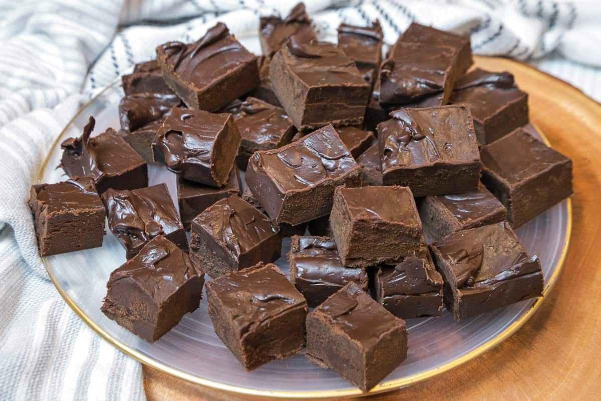 Dark chocolate fudge on a plate.