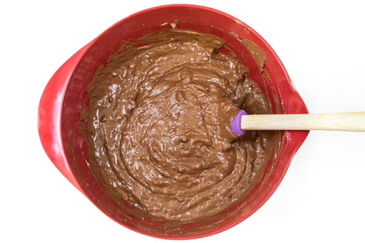 The dry ingredients and the wet ingredients are thoroughly mixed.