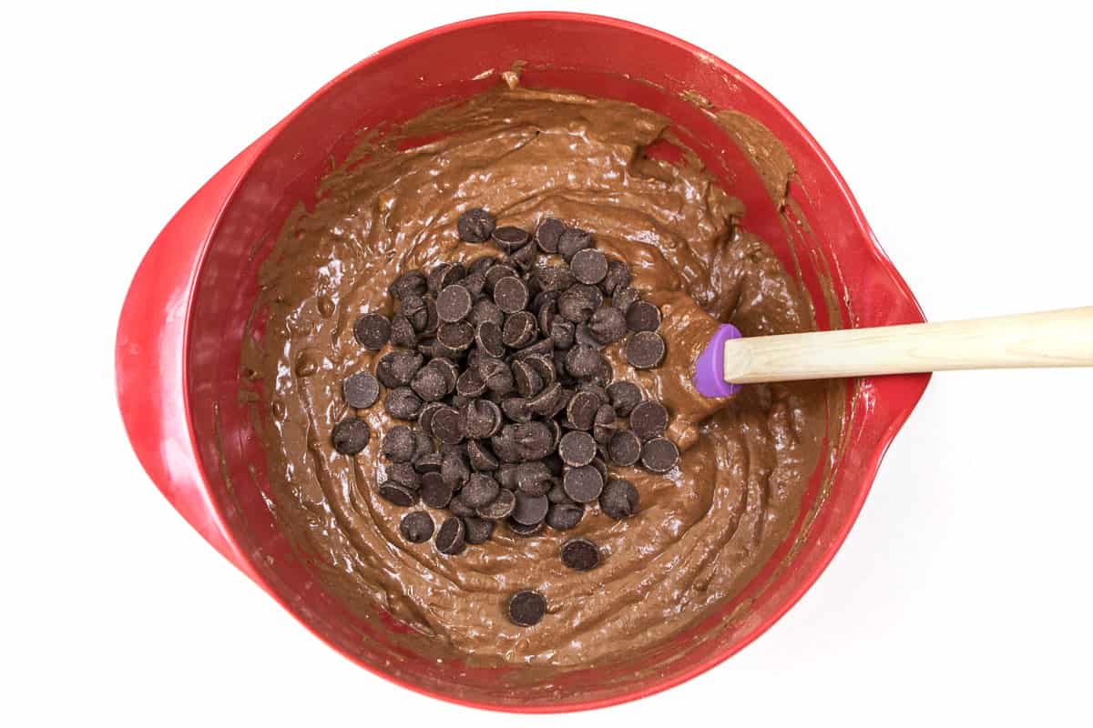 Add the chocolate chips to the banana bread batter.