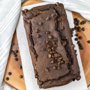 Double chocolate banana bread recipe on a plate.