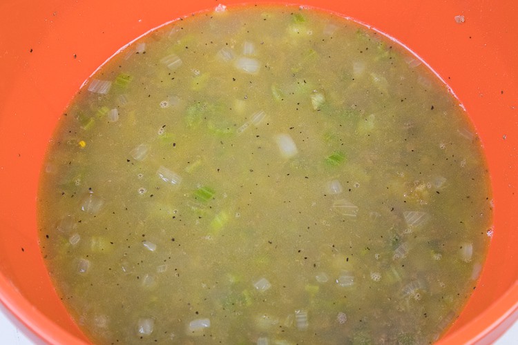 The liver mixture and chicken broth egg mixture in a bowl.