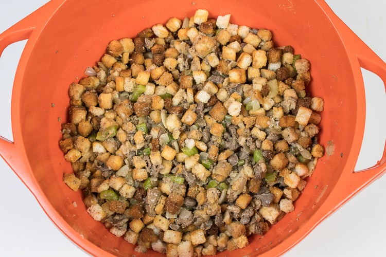 The stuffing bread was added to the broth mixture.