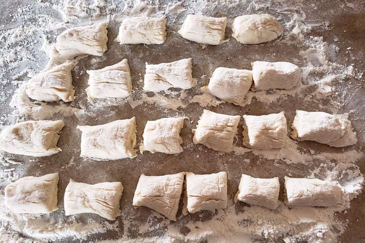 Dumplings cut up into noodle shapes.