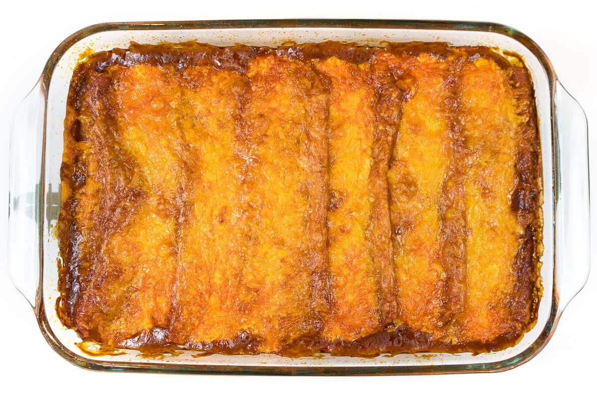 Bake the enchiladas in the oven at 350 degrees for 45 minutes. Ground beef enchilada straight out of the oven.