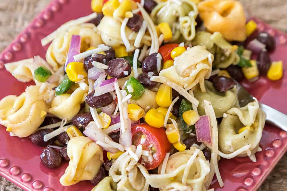 Tortellini pasta salad on a plate.