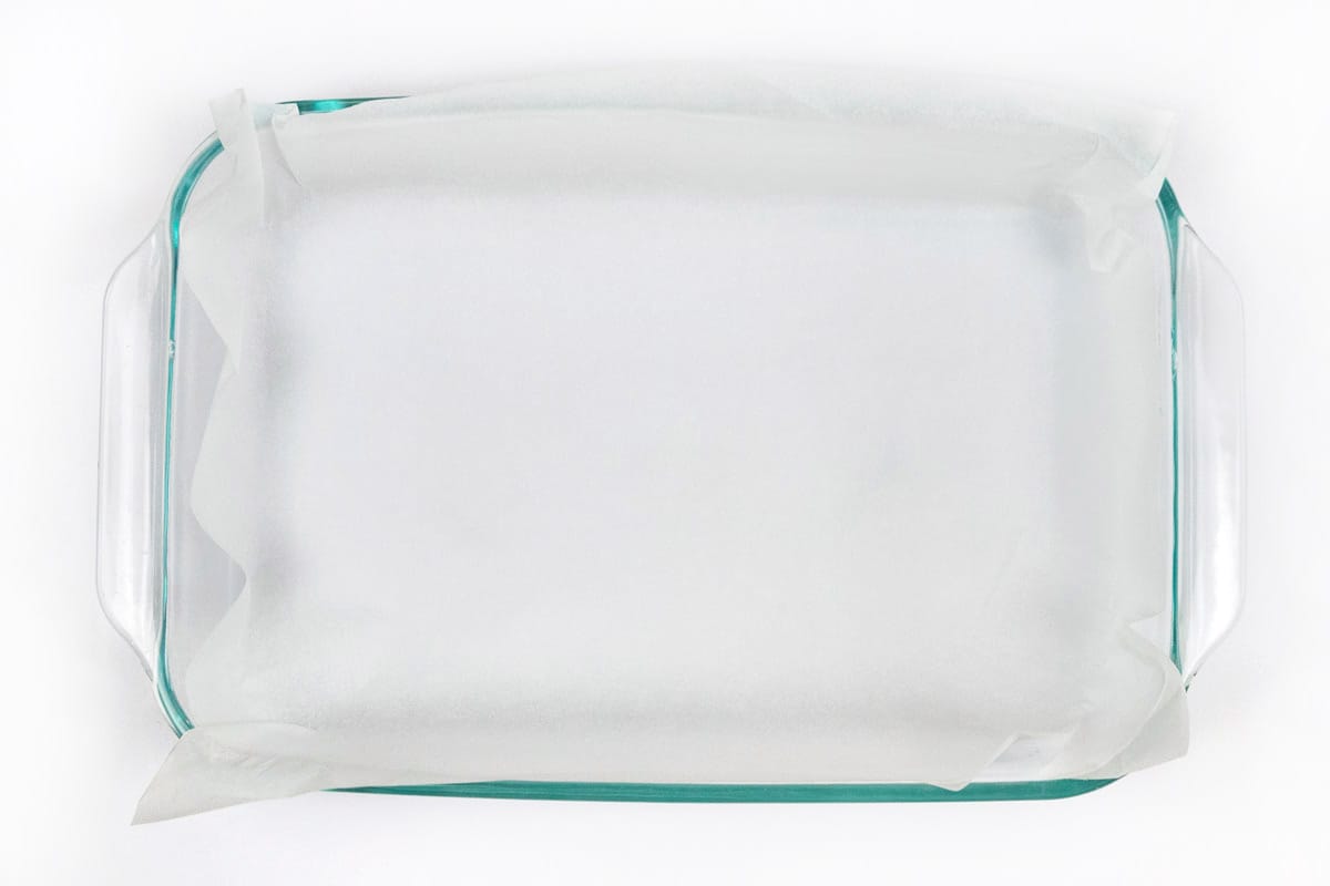 Baking dish lined with parchment paper.