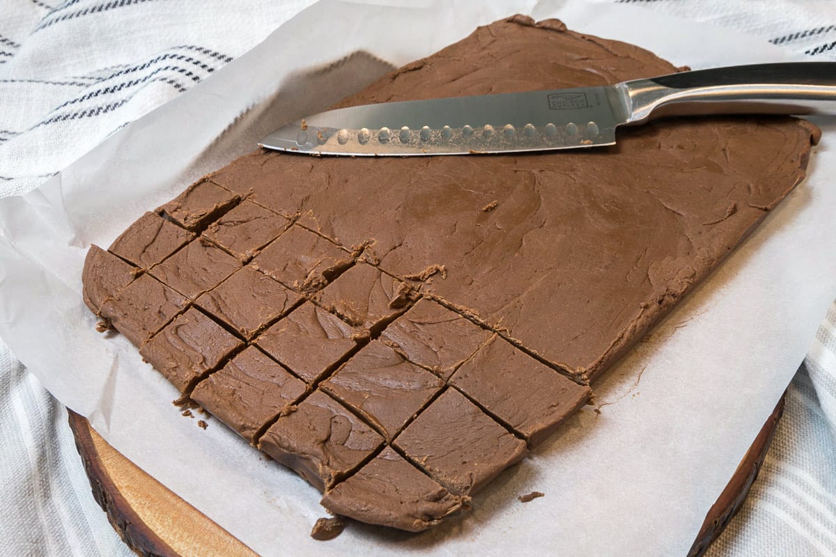 Fantasy fudge cut into one-inch squares.