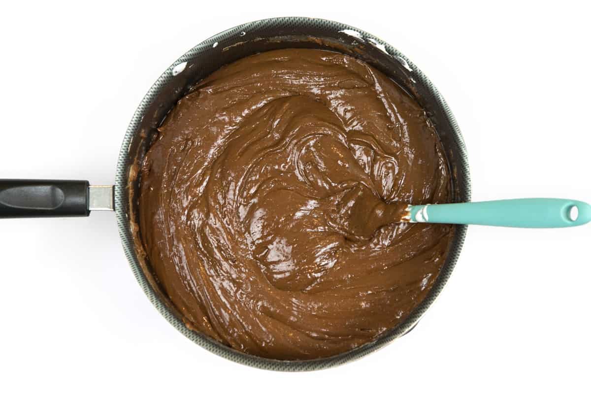 The marshmallow creme is combined with the fudge mixture.