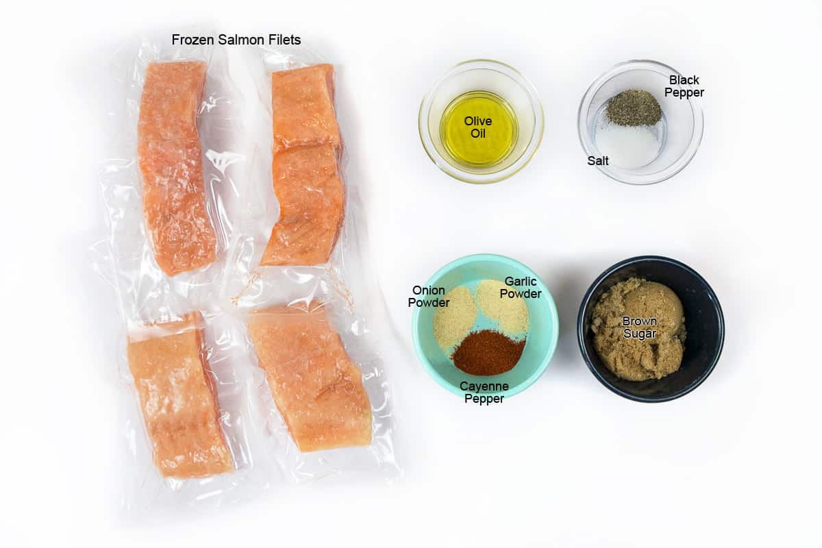 Ingredients for frozen salmon in the air fryer recipe.