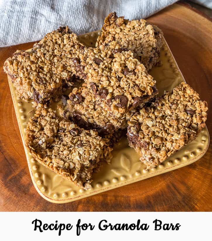 Granola bars cut into twelve pieces on a plate.