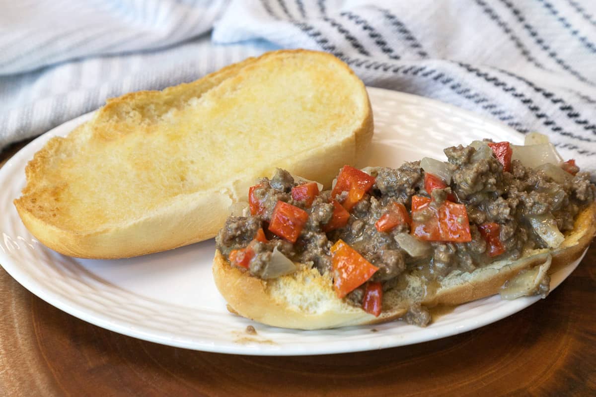 Ground beef Philly cheesesteak sandwich.