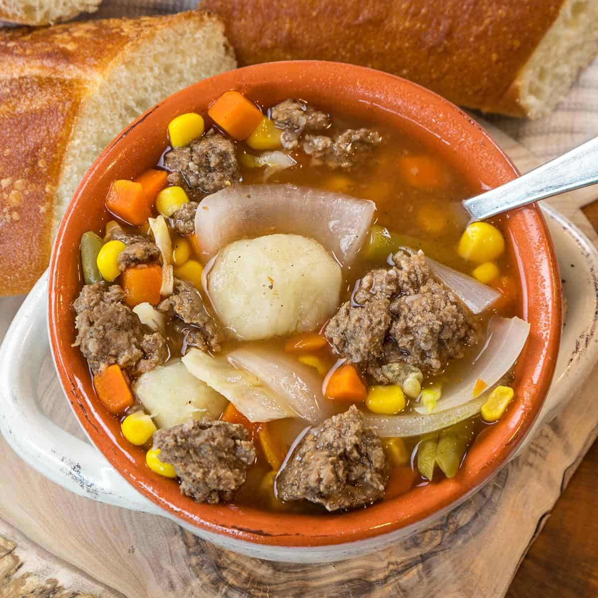 Hamburger soup in a bowl.