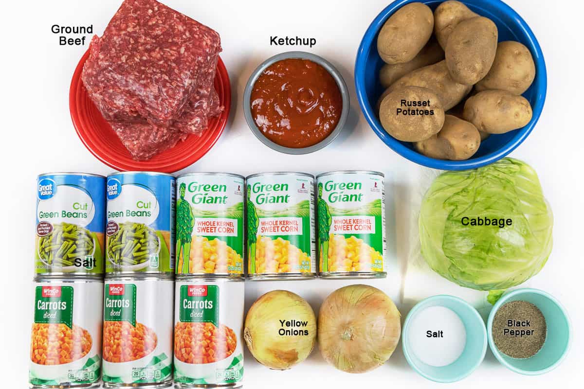 Ingredients for hamburger soup with cabbage and potatoes.