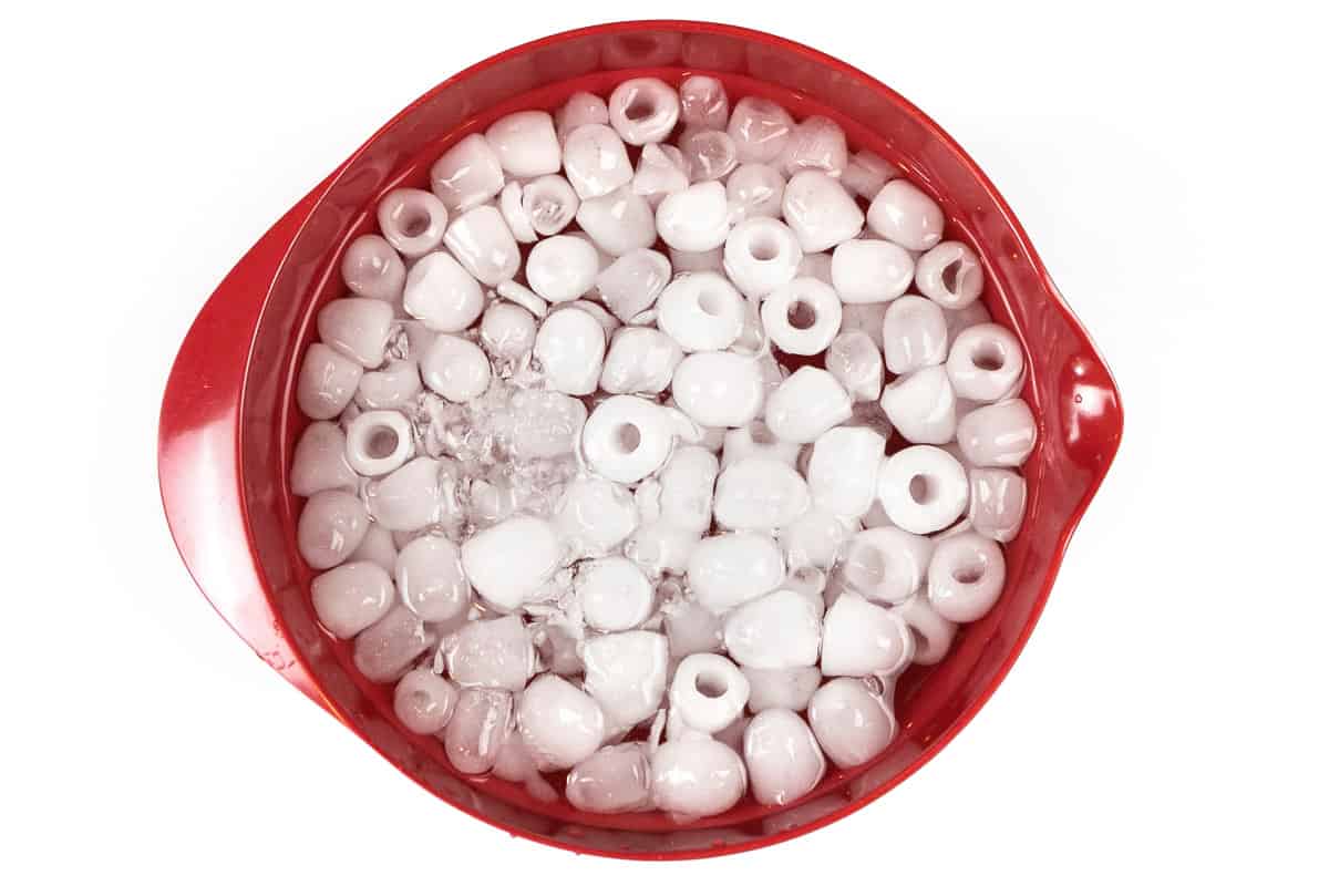 Large bowl with ice cubes and water.