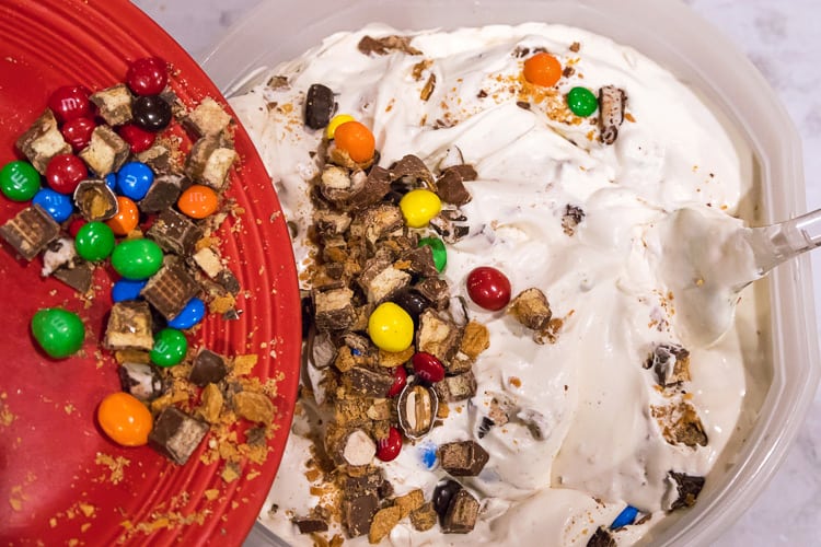 Another photo of Halloween candy added to the semi frozen ice cream.