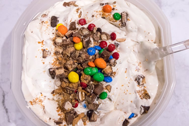 And another photo Halloween candy added to homemade ice cream in a bowl.