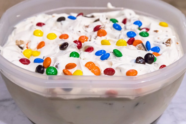 M&M's sprinkled on top of the homemade ice cream.