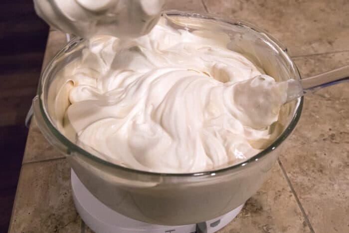 The heavy whipping cream is all mixed and ready to transfer into a bowl that can go into the freezer.