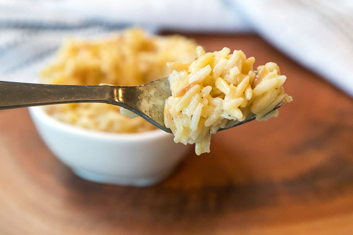 Homemade Rice a Roni on a fork.