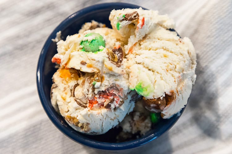 Front view of a bowl of homemade ice cream.