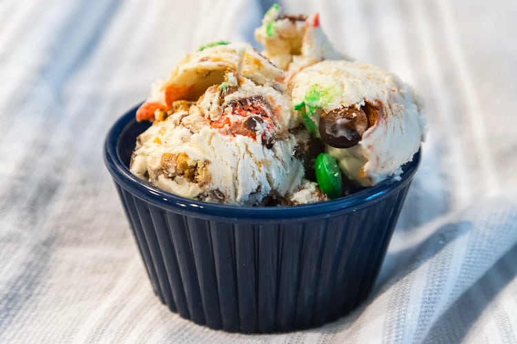Side view of a bowl of homemade ice cream.
