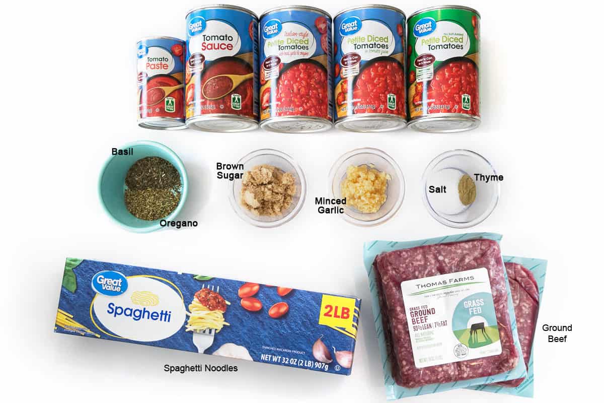 Ingredients for Instant Pot spaghetti.