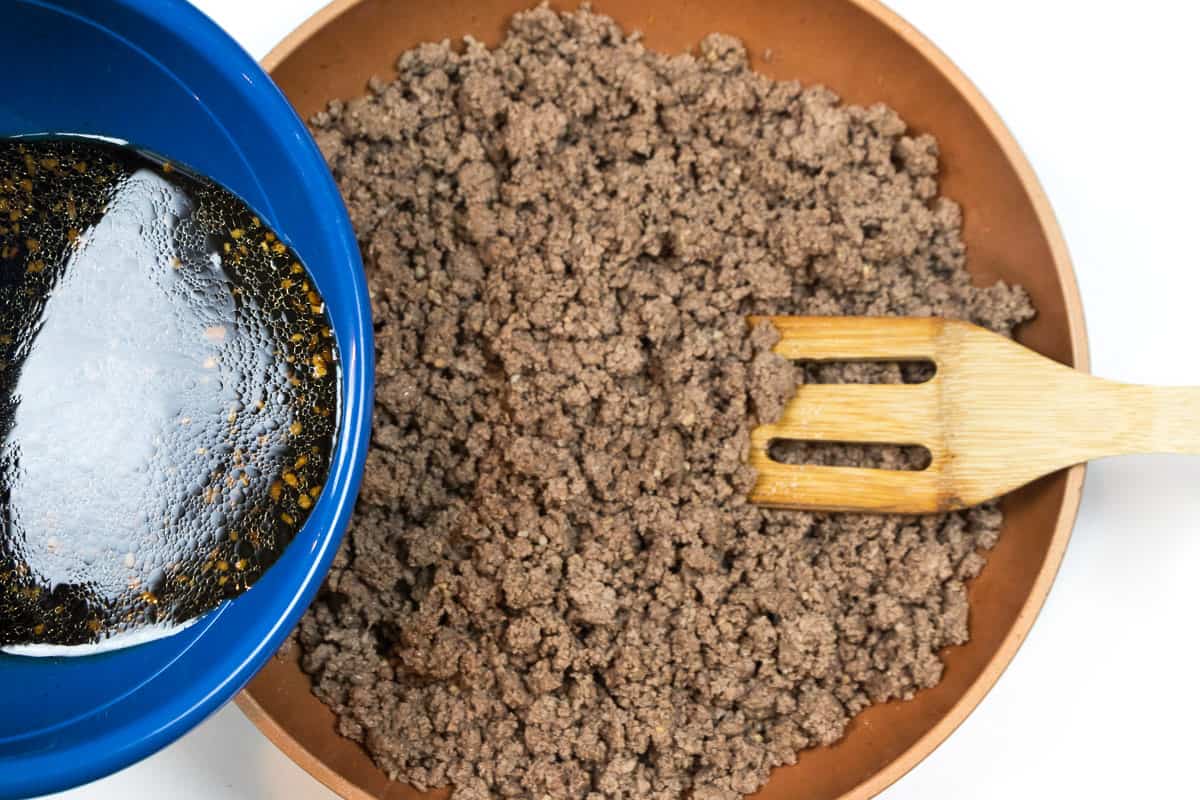 Add the brown sugar and soy sauce mixture to the browned ground beef.