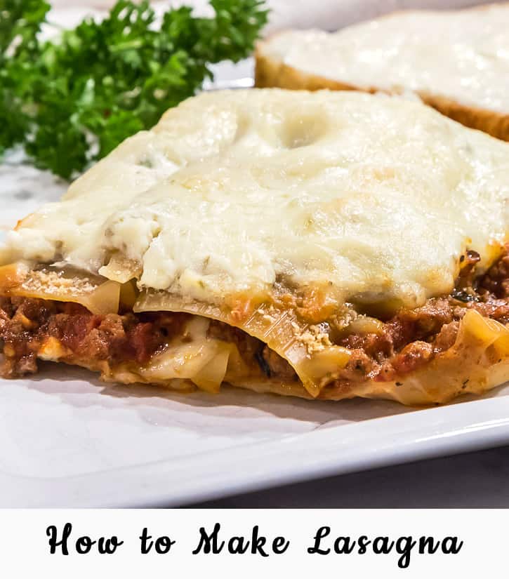Homemade ricotta cheese lasagna in a baking dish.