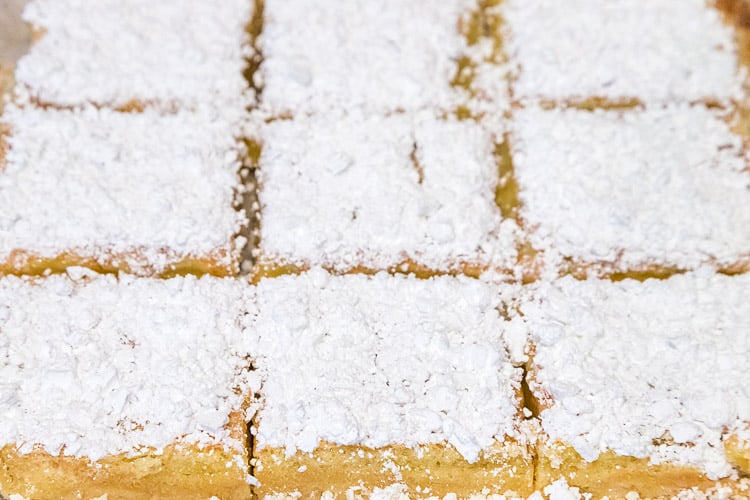 Old-fashioned lemon squares cut into nine pieces.