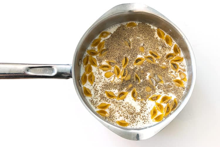 Milk, uncooked macaroni shells, salt, and pepper in a pot on the stove.