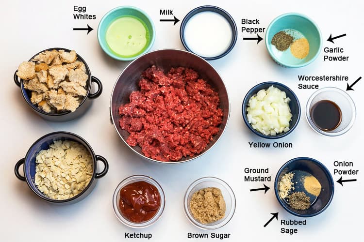 Ingredients for ground beef meatloaf.