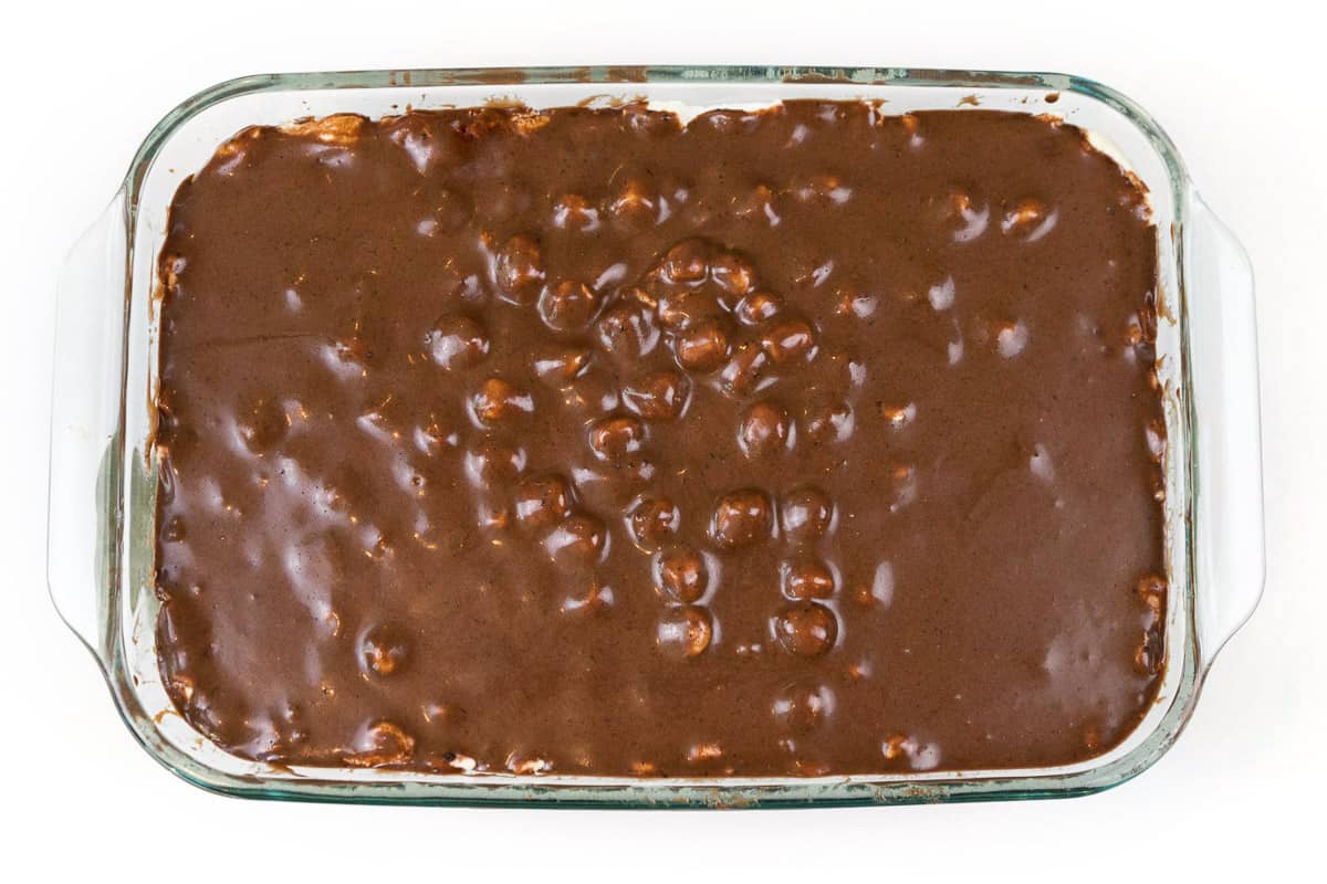 Mississippi mud cake in a baking dish.