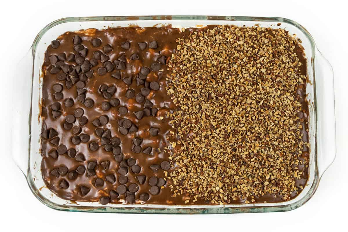 Mississippi mud cake in a baking dish.