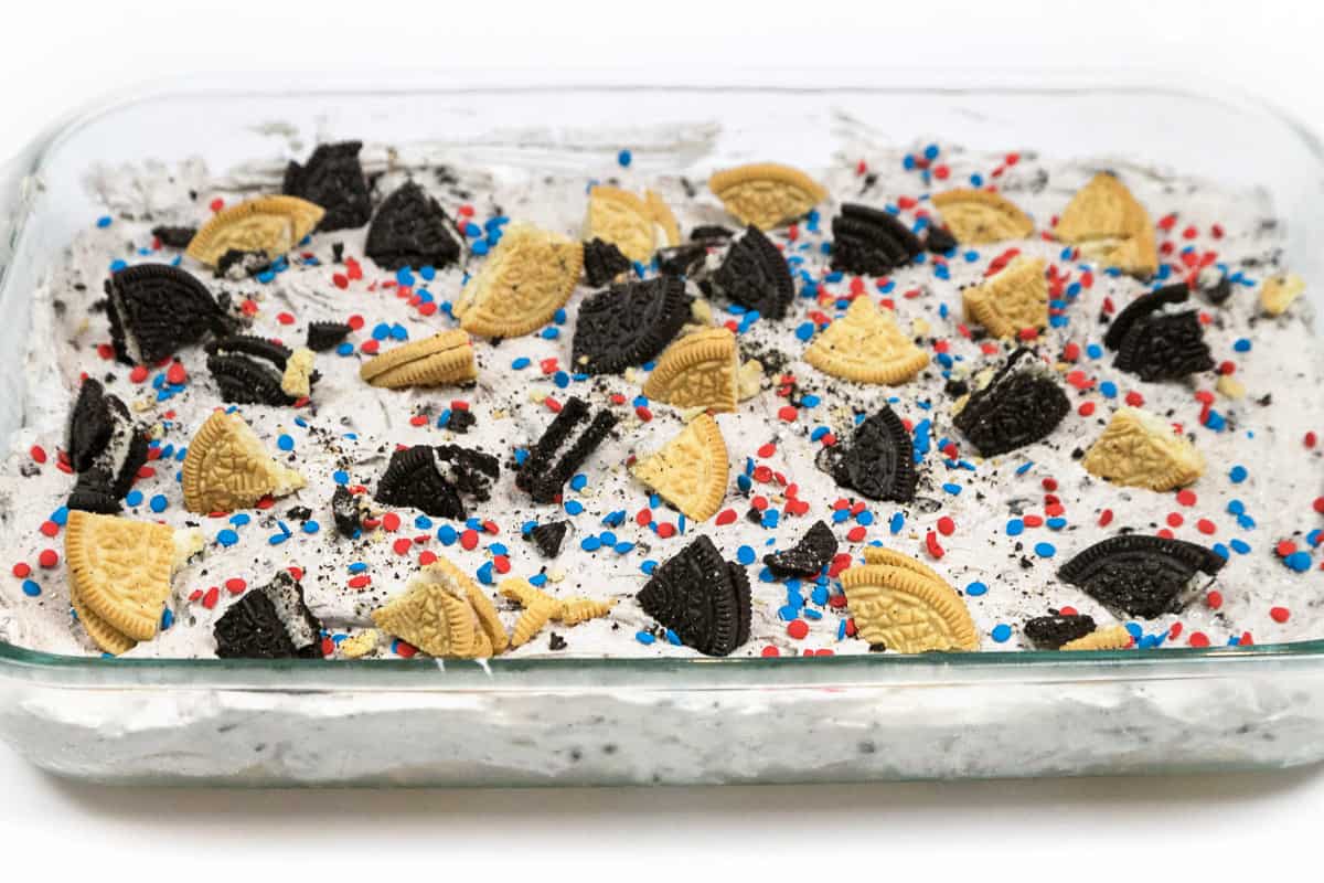 Oreo cheesecake bars in a baking dish.