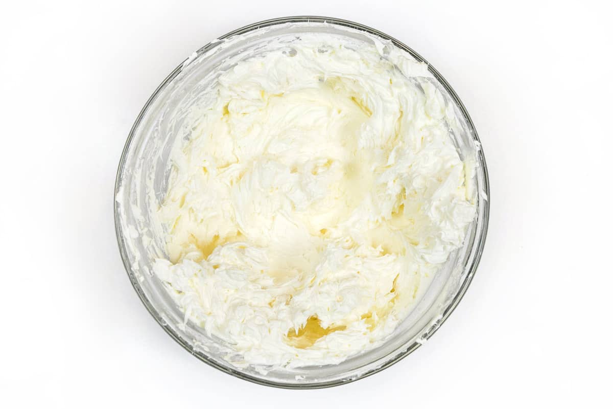 Whipped cream cheese in a bowl.