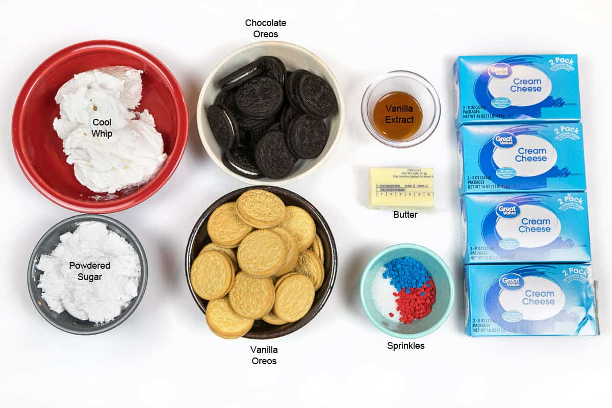Ingredients for no bake Oreo cheesecake bars.