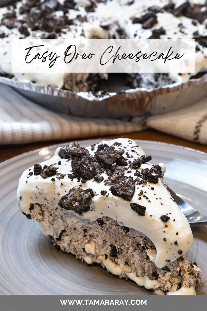 A slice of Oreo cheesecake on a plate.