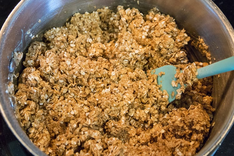 Add the rest of the rolled oats to the peanut butter and honey. Mix thoroughly.