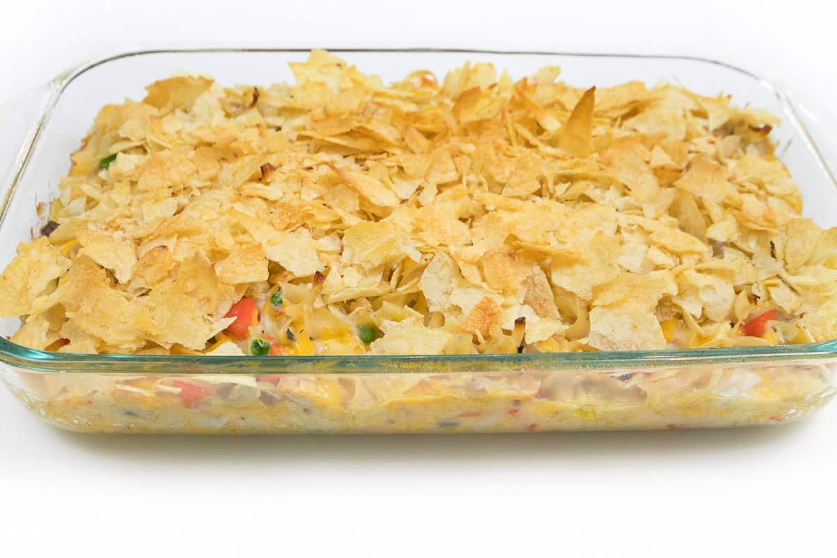 Old fashioned baked tuna noodle casserole.