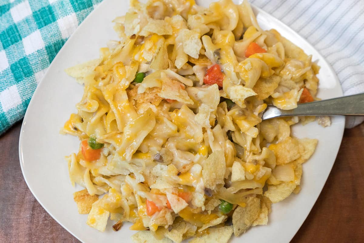 Old fashioned tuna noodle casserole on a plate.