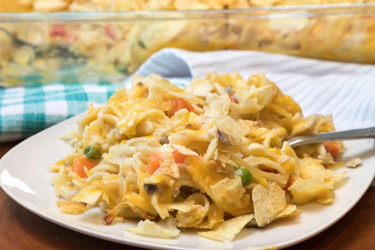 Old fashioned tuna noodle casserole on a plate.