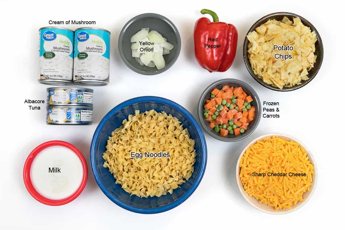 Ingredients for old fashioned tuna noodle casserole.