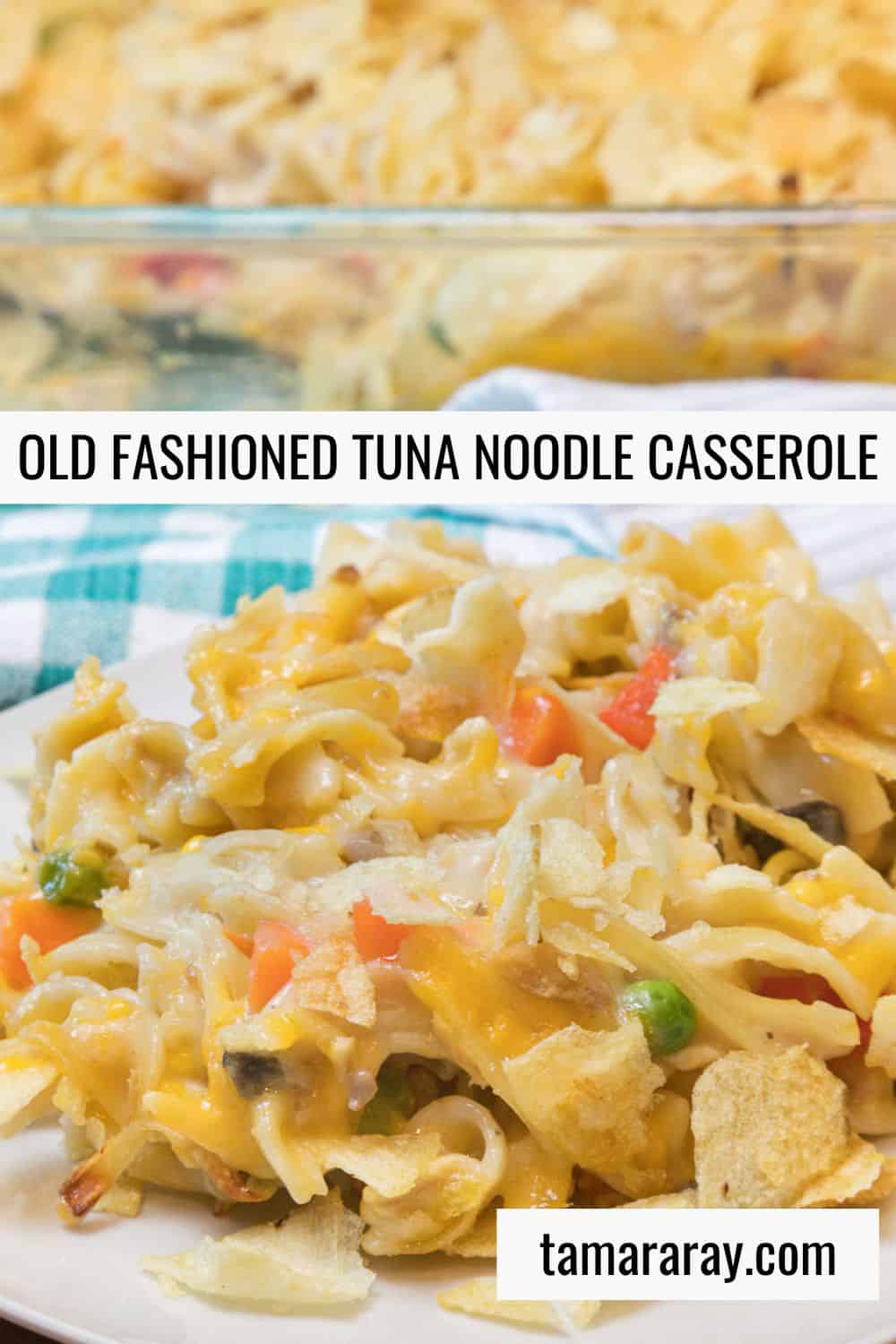 Old fashioned tuna noodle casserole on a plate.